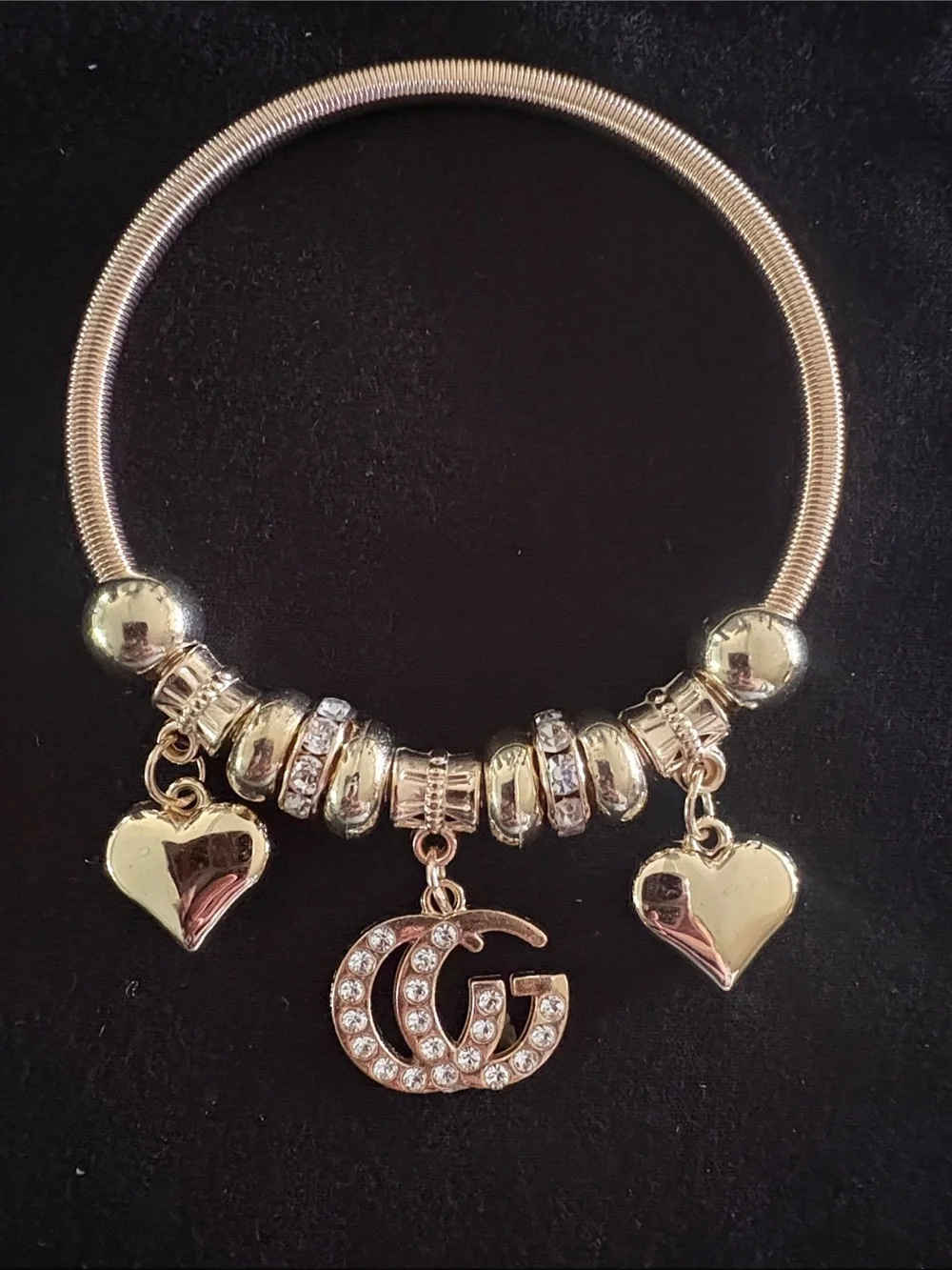 Gold Tone Fashion Heart Charm Bracelet with Crystal Double-G Pendant